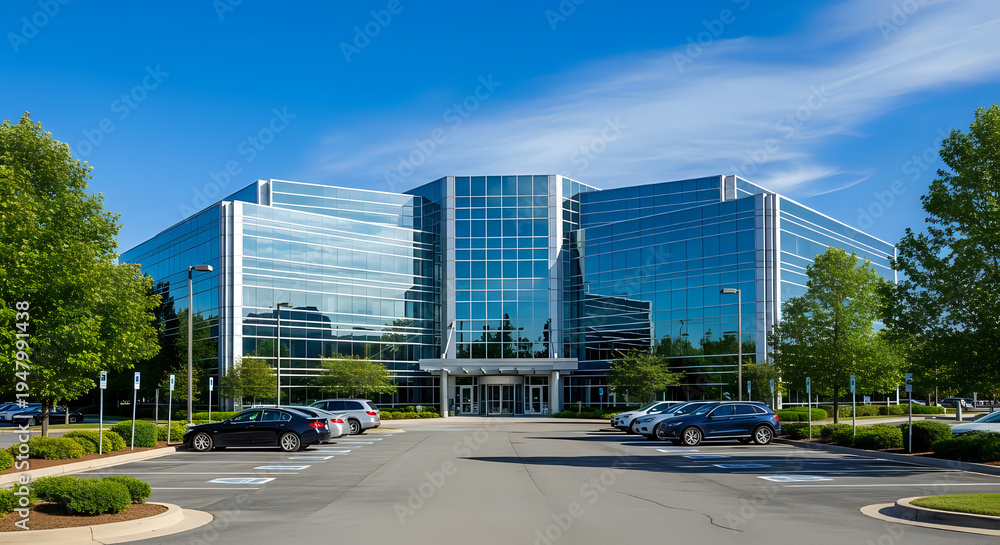 Obraz premium A large modern office building with a parking lot and blue sky