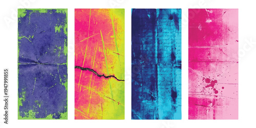 Set of four vibrant grunge textured vertical banners with distressed paper effects and colorful abstract paint splatters
