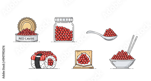 A vector graphic illustration of various food items filled with red caviar on a white background