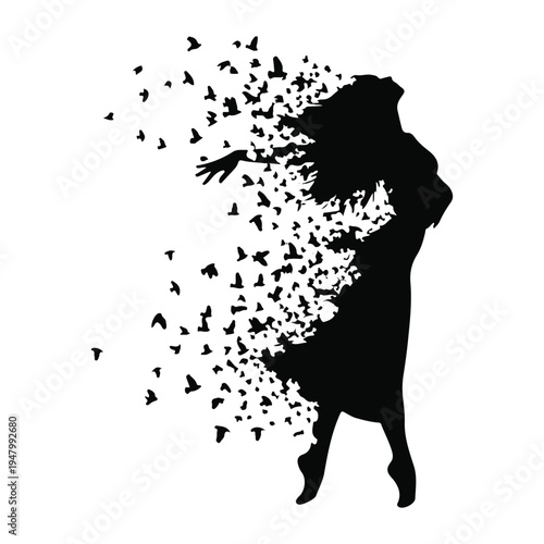 Woman silhouette dispersing into flying birds freedom or depression concept