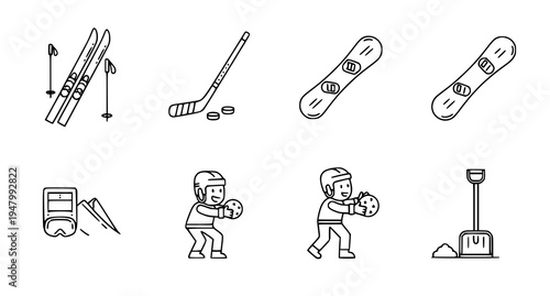 A set of eight black and white line art illustrations depicting various winter sports equipment and athletes in action.