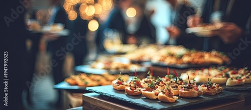 Elegant Food Display with Assorted Appetizers and Blurred Guests in Background at Night Event