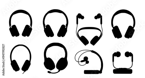 A set of black silhouette headphone icons on a white background
