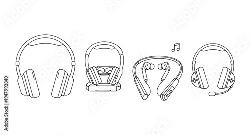 A vector graphic illustration of various headphones in a minimalist line art style