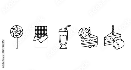 A set of minimalist icons depicting various sweet treats and desserts