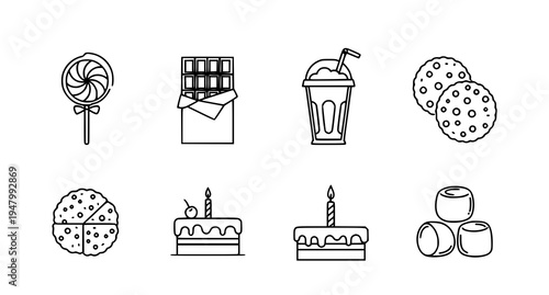 A set of minimalist line art icons depicting various sweet treats and party symbols
