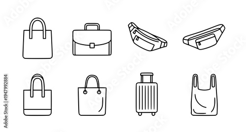 A set of minimalist line art icons depicting various travel accessories and luggage