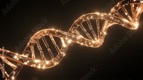 A glowing 3D render of a DNA double helix with sparkling particles against a dark background.
