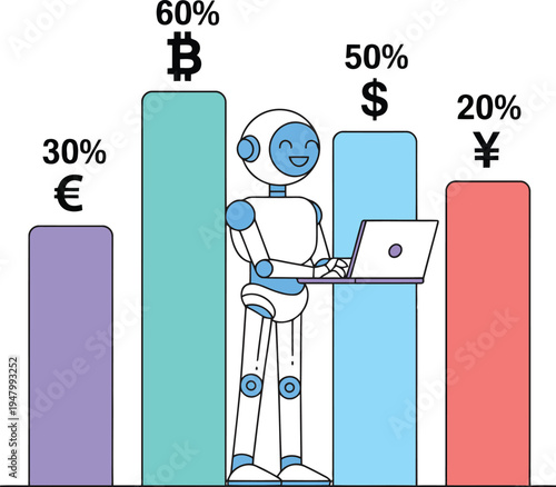 Robot analyzing cryptocurrency and currency statistics on a laptop