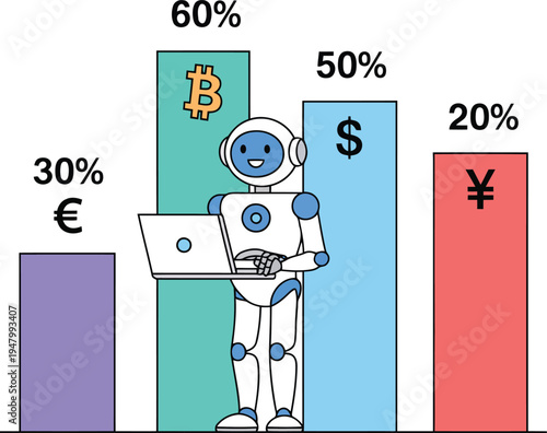 A robot standing next to a graph with different currencies