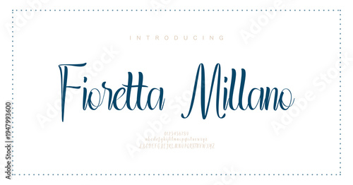 Fioretta Millano, Script premium luxury elegant alphabet letters and numbers. Elegant wedding typography classic serif font decorative vintage retro. Creative vector illustration
