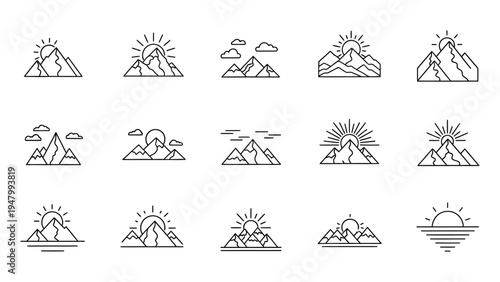 Mountain icons set line art, sun over mountain peaks vector illustration design