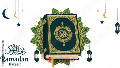 Ramadan Kareem Greeting with Holy Quran, Crescent Moons, and Lanterns for Islamic Festival Illustration