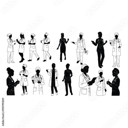 Elegant woman in a flowing evening gown silhouette isolated on white background