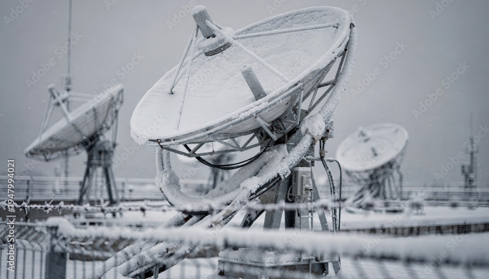 Obraz premium Snowdusted satellite antennas pointing skyward a single dish clear in the frame with snowy cables and blurred barbed wire fence creating a cold ambiance.