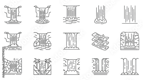 Waterfall icon set line art, nature landscape with falling water vector illustration design
