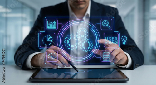 Wallpaper Mural Businessman interacting with futuristic digital interface on tablet in modern office setting with technology and innovation concepts Torontodigital.ca