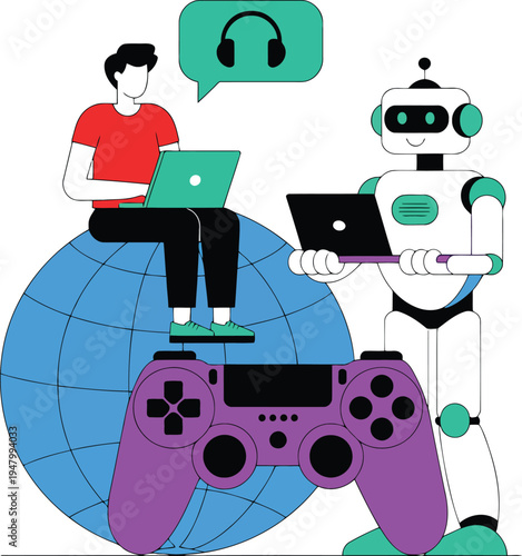 A man and a robot interact with technology