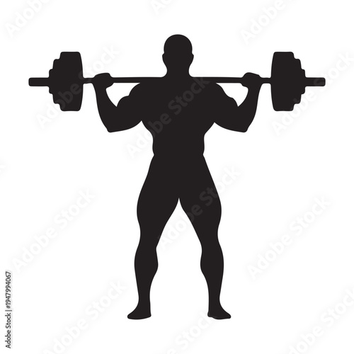 Muscular bodybuilder lifting heavy barbell weight silhouette vector