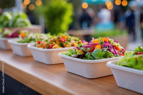Colorful salad bowls on a wooden counter at an outdoor market with bokeh lights, fresh greens, vibrant vegetables and ready-to-eat takeaway bowls in a row