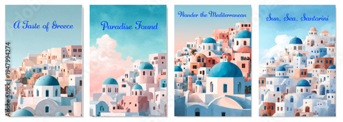 Watercolor Mediterranean village scenes showcasing white buildings, blue domes, and coastal panoramas. Vintage travel poster designs perfect for vacation cards and tourism materials.
