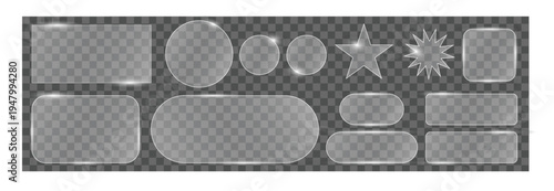 Glass morphism UI shapes set with rounded rectangles circles star and burst elements, transparent glossy interface frames collection vector isolated