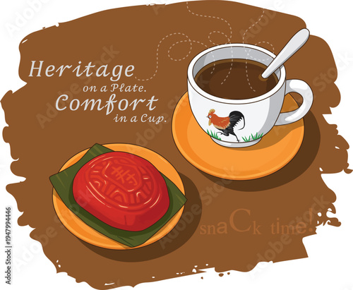 A vibrant red Ang Ku Kueh (Red Tortoise Cake) rests on a banana leaf, paired with a traditional round coffee cup filled with kopi (coffee). 