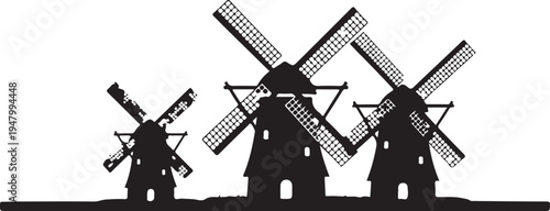 Set of 3 black windmill silhouettes vector
