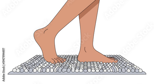 Ergonomic workplace wellness concept featuring a minimalist flat vector illustration of bare feet on a sensory massage mat for stress relief