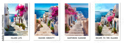 Santorini illustration set featuring iconic Greek village houses , Mediterranean flowers, and sea views. Perfect postcard design capturing Greece's summer charm.