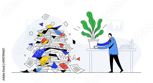 Professional business executive prioritizing workplace wellness and mental health by introducing greenery to a cluttered high-stress document workflow