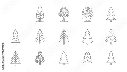 Minimalist winter tree line icons collection set of diverse snowy and bare trees
