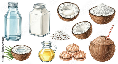 Watercolor Coconut Products Set with Coconut Milk Oil Flakes Whole Coconut Tropical Food Illustration Collection