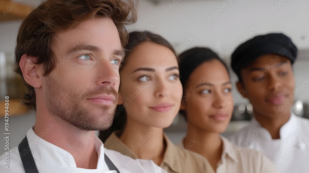 Obraz premium A diverse group of culinary professionals standing together in a kitchen looking forward