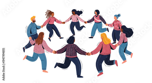 Inclusive community of diverse professionals collaborating in a circle for corporate social responsibility and DE&I brand messaging