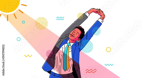 Optimistic Corporate Leadership: Modern Illustration of a Professional Starting a High-Growth Business Quarter with Renewed Energy and Wellness Focus