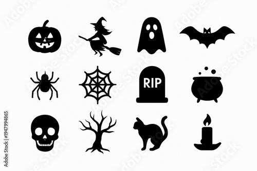 Halloween Silhouette Icons Collection Featuring Pumpkin, Witch, Ghost, Bat, Spider, Skull, and More — Spooky Vector Set for Seasonal Design and Decoration