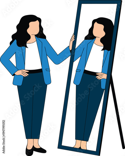 A woman in a blue blazer looks at her reflection