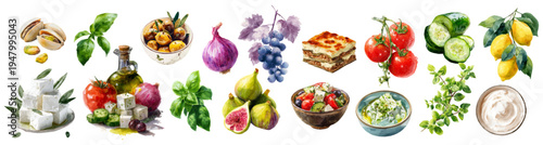 Mediterranean food watercolor set with Greek feta, olives, figs, tomatoes, grapes, and traditional cuisine elements. Summer food collection vector illustration for restaurant design.