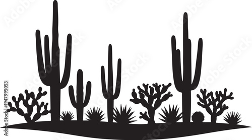 Black silhouette desert landscape with cacti and succulents vector