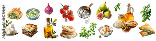 Greek watercolor set featuring Mediterranean cuisine: fresh feta cheese, olives, tomatoes, cucumbers, grapes, and pita. Vintage food illustration with authentic Greek flavors.