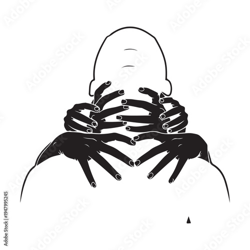 Creepy black hands grabbing human neck outline concept vector