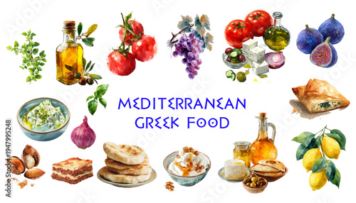 Greek food collection with Mediterranean flavors: baklava, feta cheese, olive oil, tzatziki sauce, moussaka, fresh figs, and traditional Greek salad ingredients in watercolor style