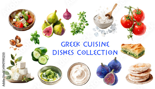 Mediterranean culinary set with baklava, feta cheese, olives, fresh figs, tomatoes, cucumbers, and traditional summer dishes in watercolor illustration style