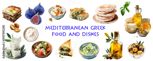 Greece culinary set featuring authentic Greek cuisine: olives, tomatoes, cucumber, grapes, pita bread, basil, pistachios, and classic Mediterranean dishes in vintage poster design