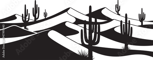Black and white desert landscape vector illustration with cacti and hills