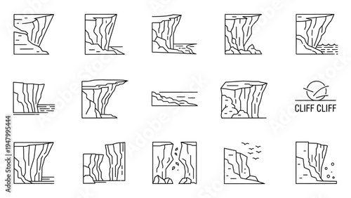 Cliff and precipice icons set with coastal rock formations and sea waves