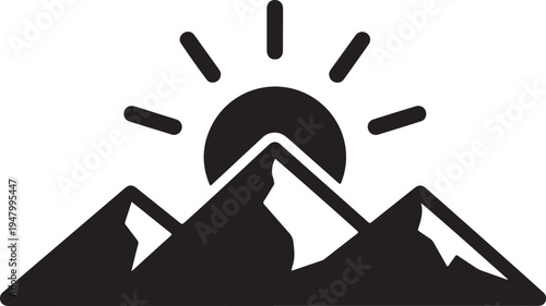 Vector mountain sunrise icon, black silhouette