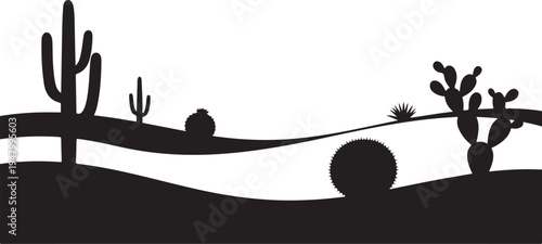 Black desert landscape vector silhouette with cacti