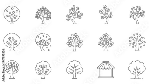Set of tree icons, simple line style, with various shapes and foliage designs